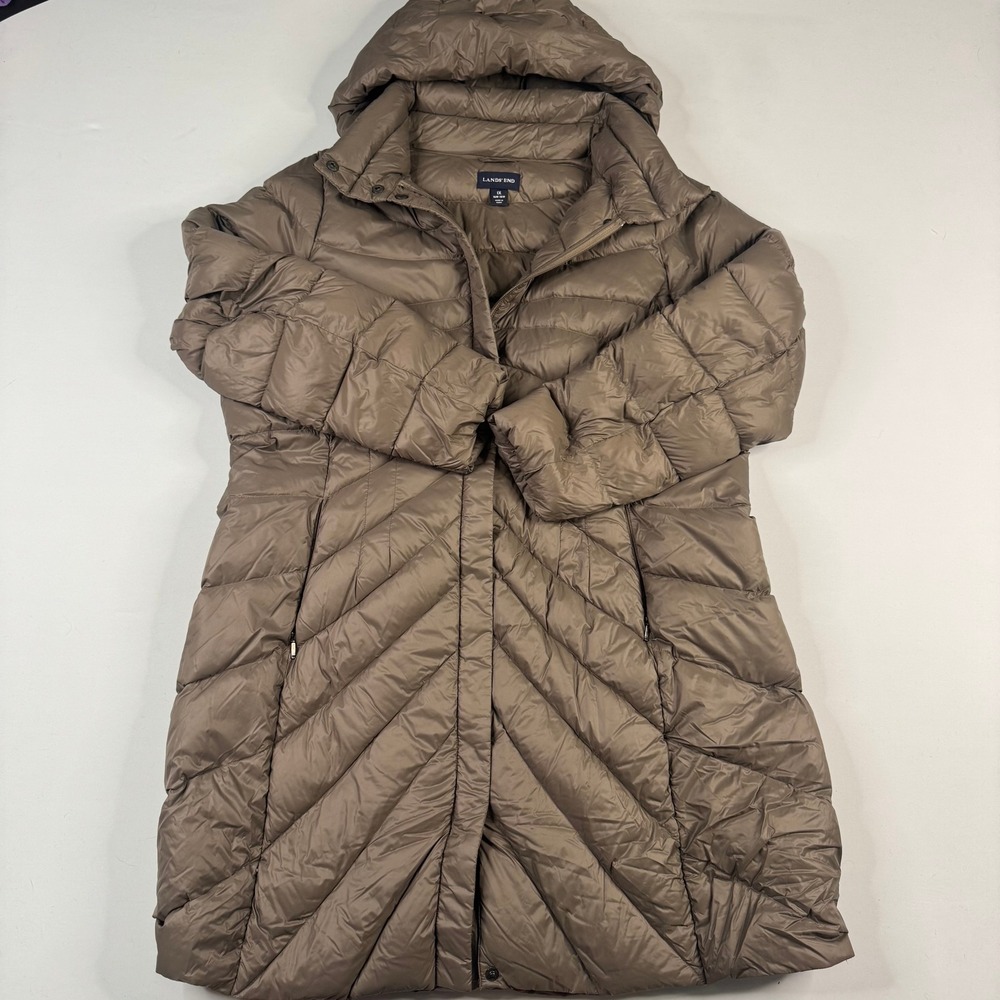 Lands End Puffer Coat Women 1X Brown Down Insulated Hooded Long Parka Jacket